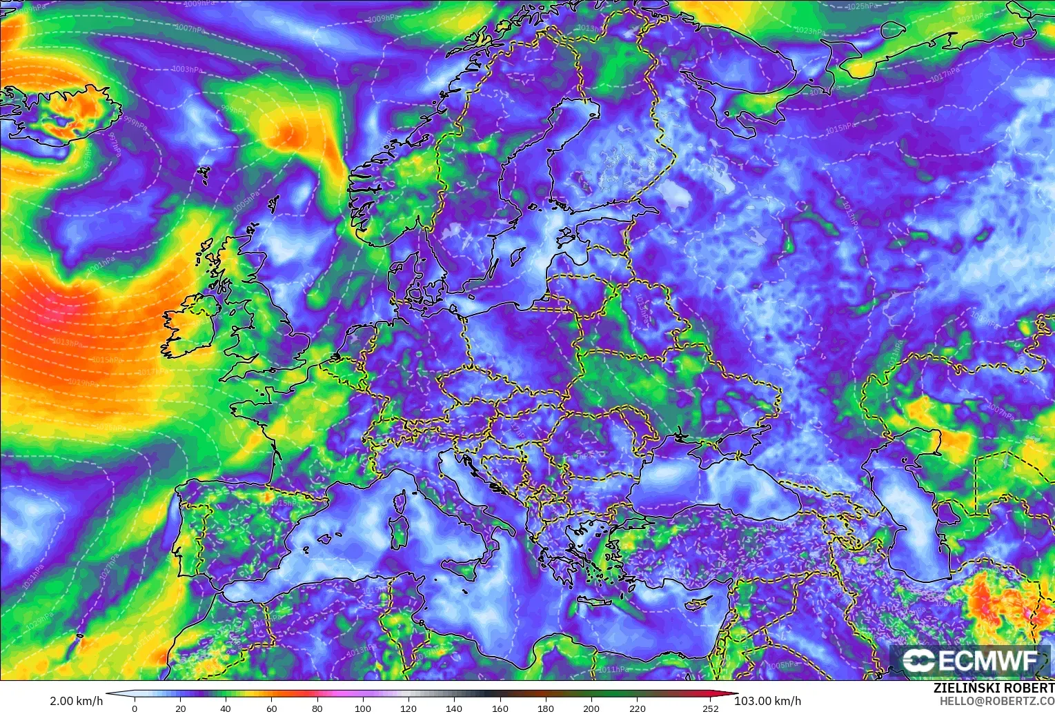 ECMWF IFS 0.25° modelo - Europa, Ráfagas de viento