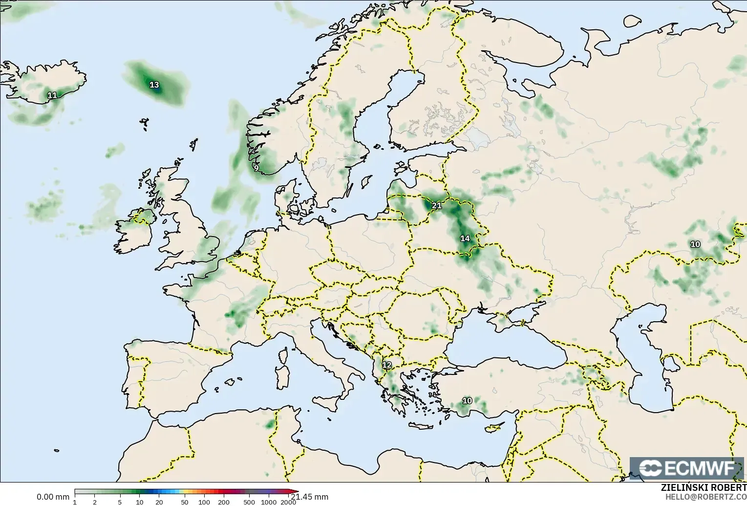 ECMWF IFS 0.25° modelo - Europa, Acumulación de precipitación
