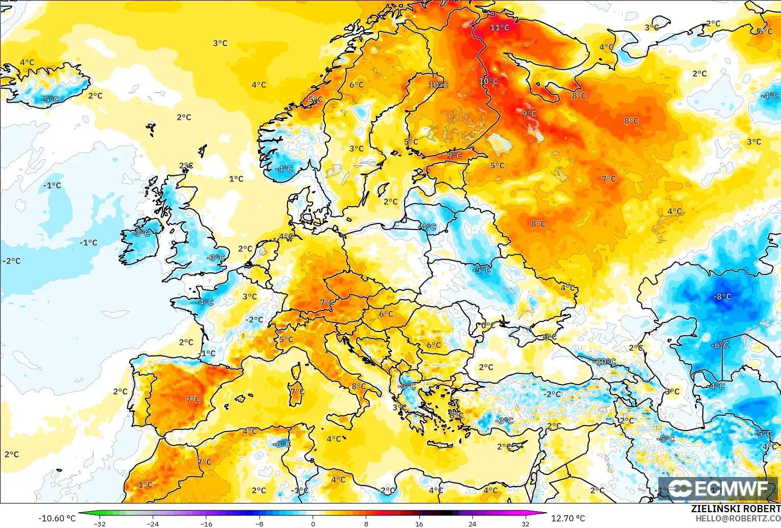 ECMWF IFS 0.25° modelo - Europa, Anomalía de temperatura a 2 m