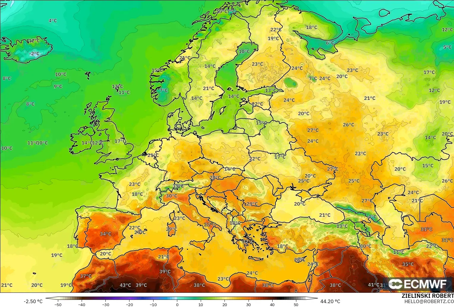 ECMWF IFS 0.25° modelo - Europa, Temperatura a 2 m