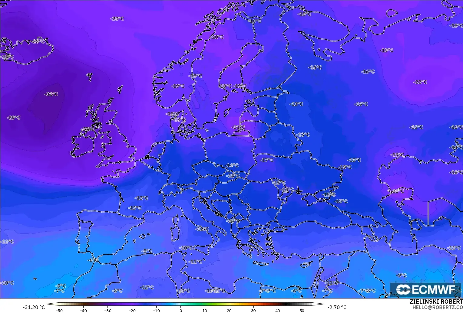 ECMWF IFS 0.25° modelo - Europa, Temperatura a 500 hPa