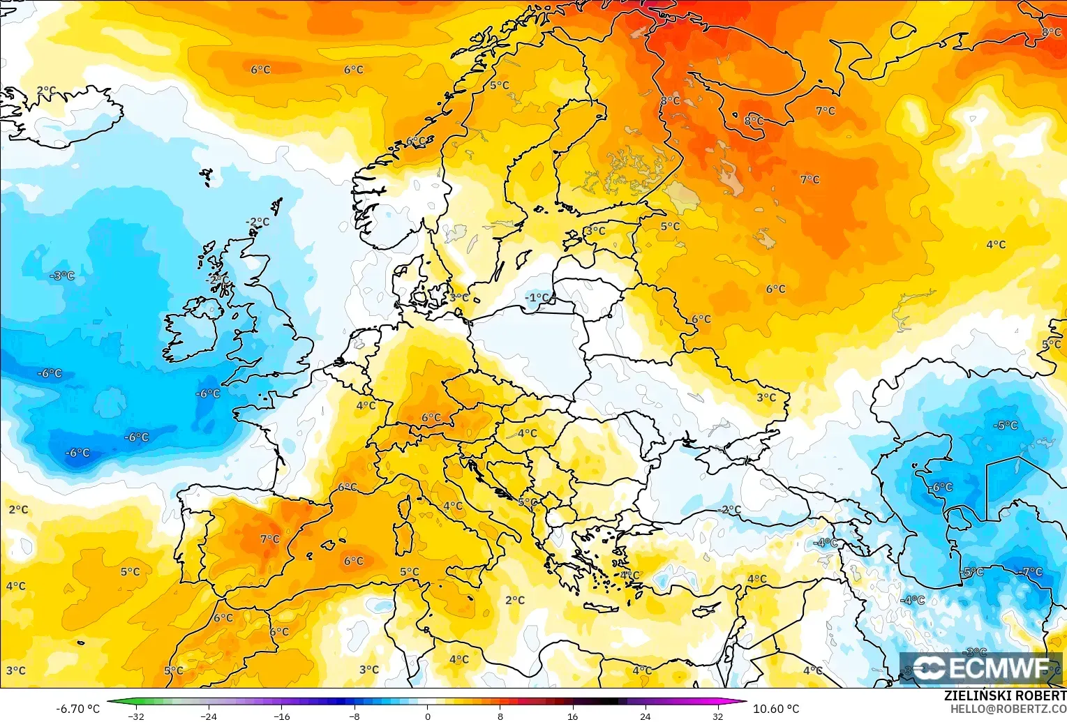 ECMWF IFS 0.25° modelo - Europa, Anomalía de temperatura a 850 hPa