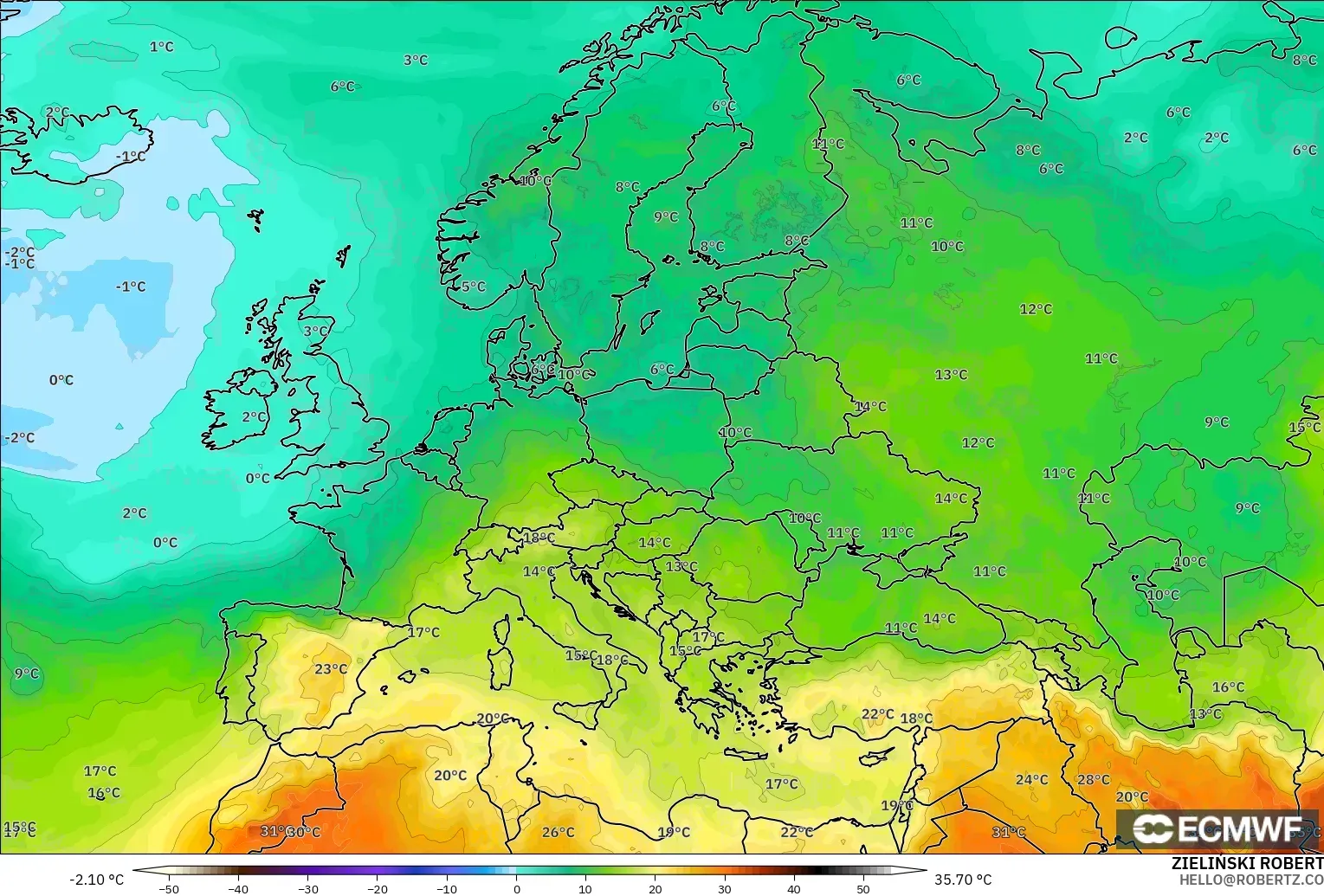 ECMWF IFS 0.25° modelo - Europa, Temperatura a 850 hPa