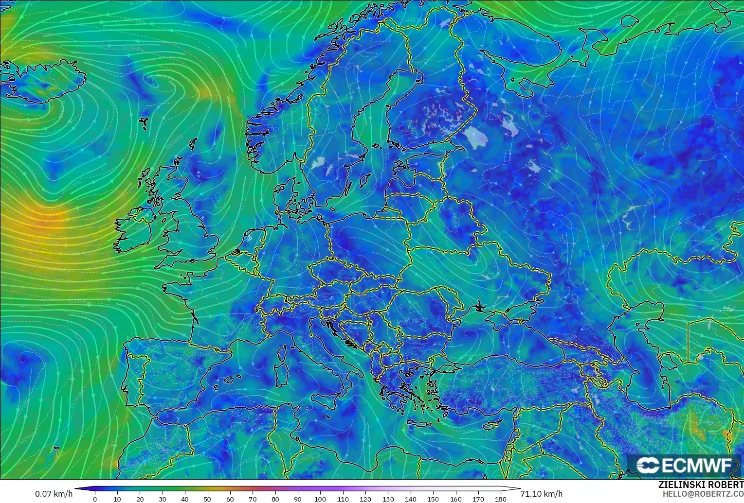ECMWF IFS 0.25° modelo - Europa, Viento a 10 m