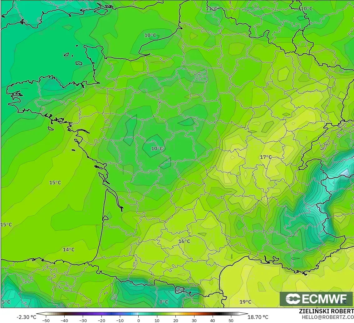 ECMWF IFS 0.25° modelo - Francia, Punto de rocío a 2 m