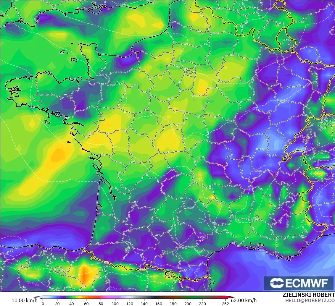 ECMWF IFS 0.25° modelo - Francia, Ráfagas de viento