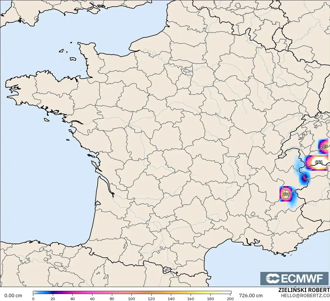 ECMWF IFS 0.25° modelo - Francia, Profundidad de nieve