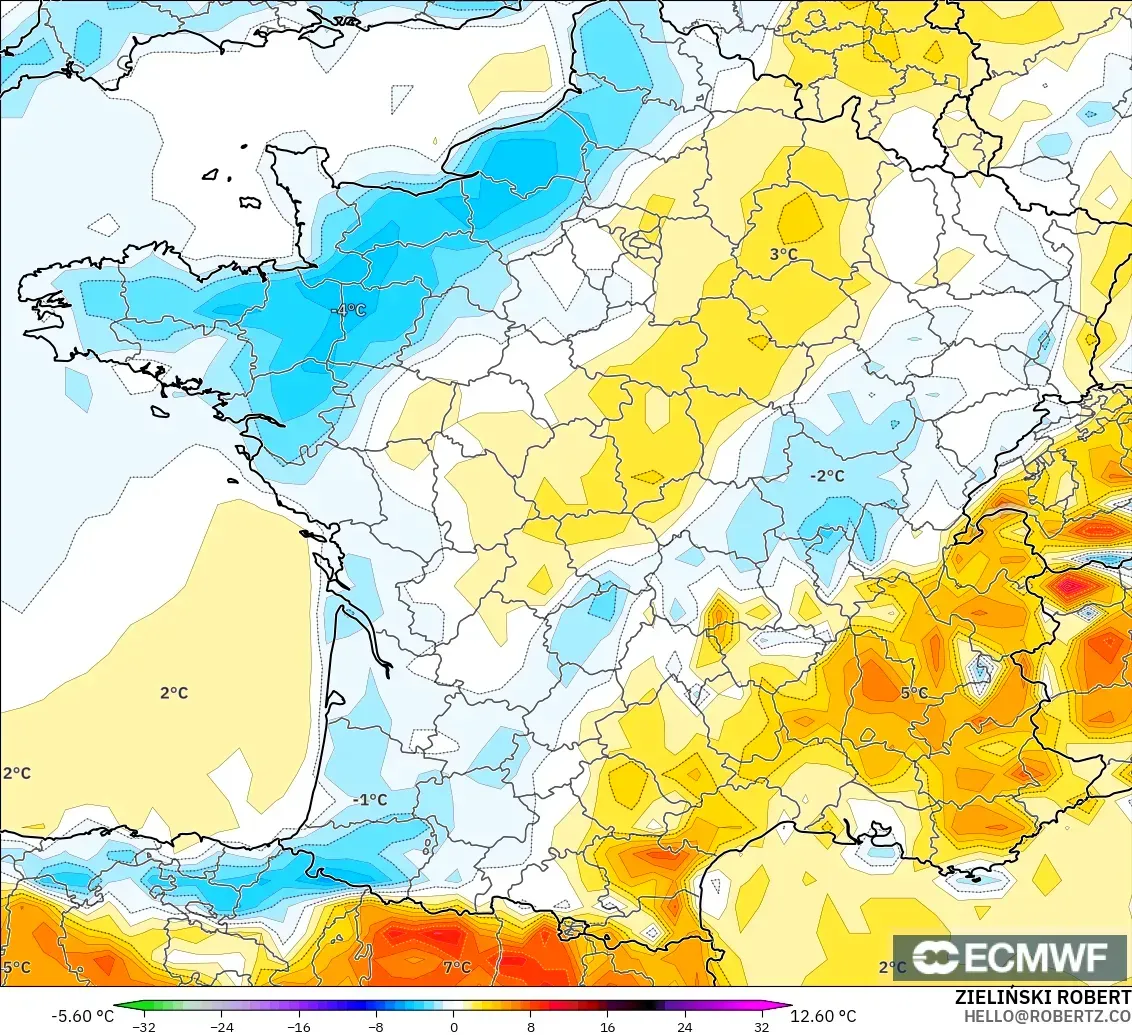 ECMWF IFS 0.25° modelo - Francia, Anomalía de temperatura a 2 m
