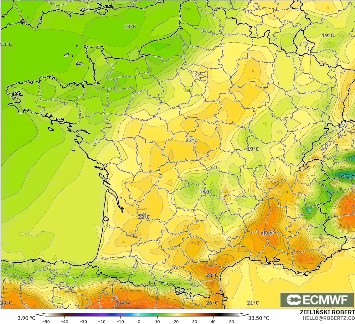 ECMWF IFS 0.25° modelo - Francia, Temperatura a 2 m