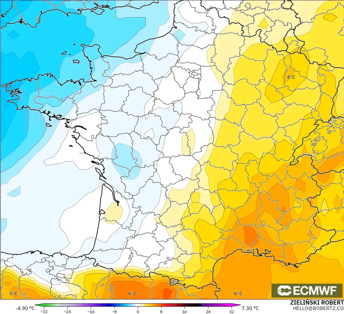 ECMWF IFS 0.25° modelo - Francia, Anomalía de temperatura a 850 hPa