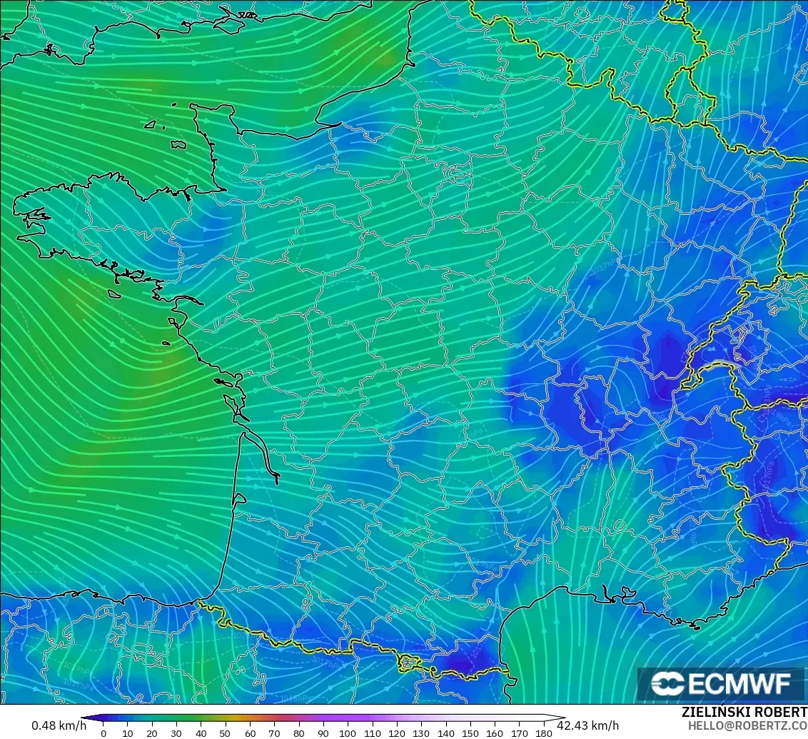 ECMWF IFS 0.25° modelo - Francia, Viento a 10 m