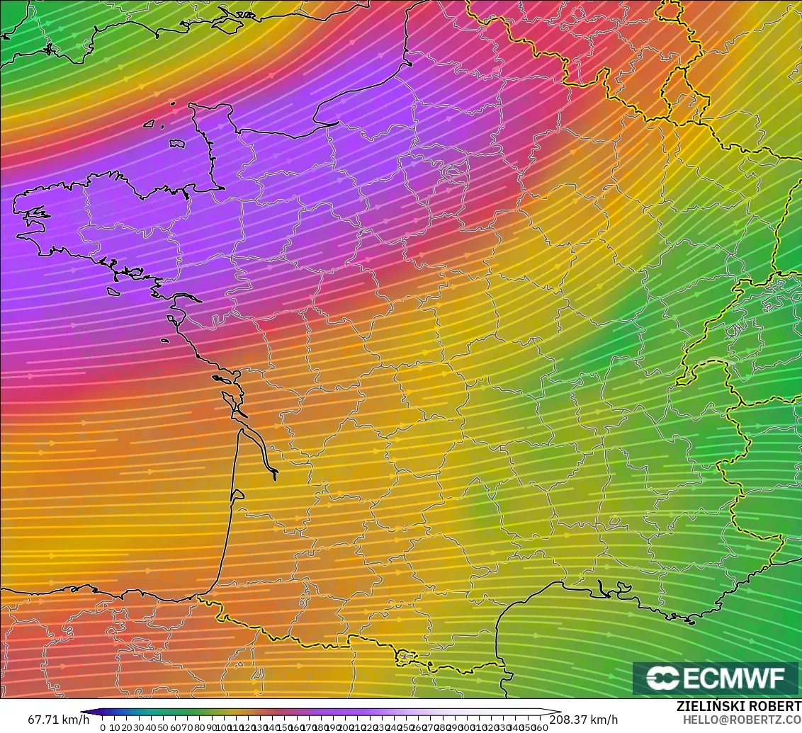 ECMWF IFS 0.25° modelo - Francia, Viento a 300 hPa (corriente en chorro)