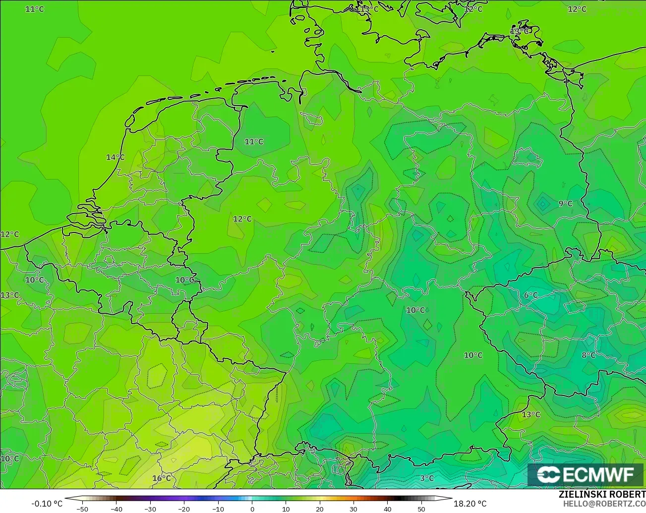 ECMWF IFS 0.25° modelo - Alemania, Punto de rocío a 2 m