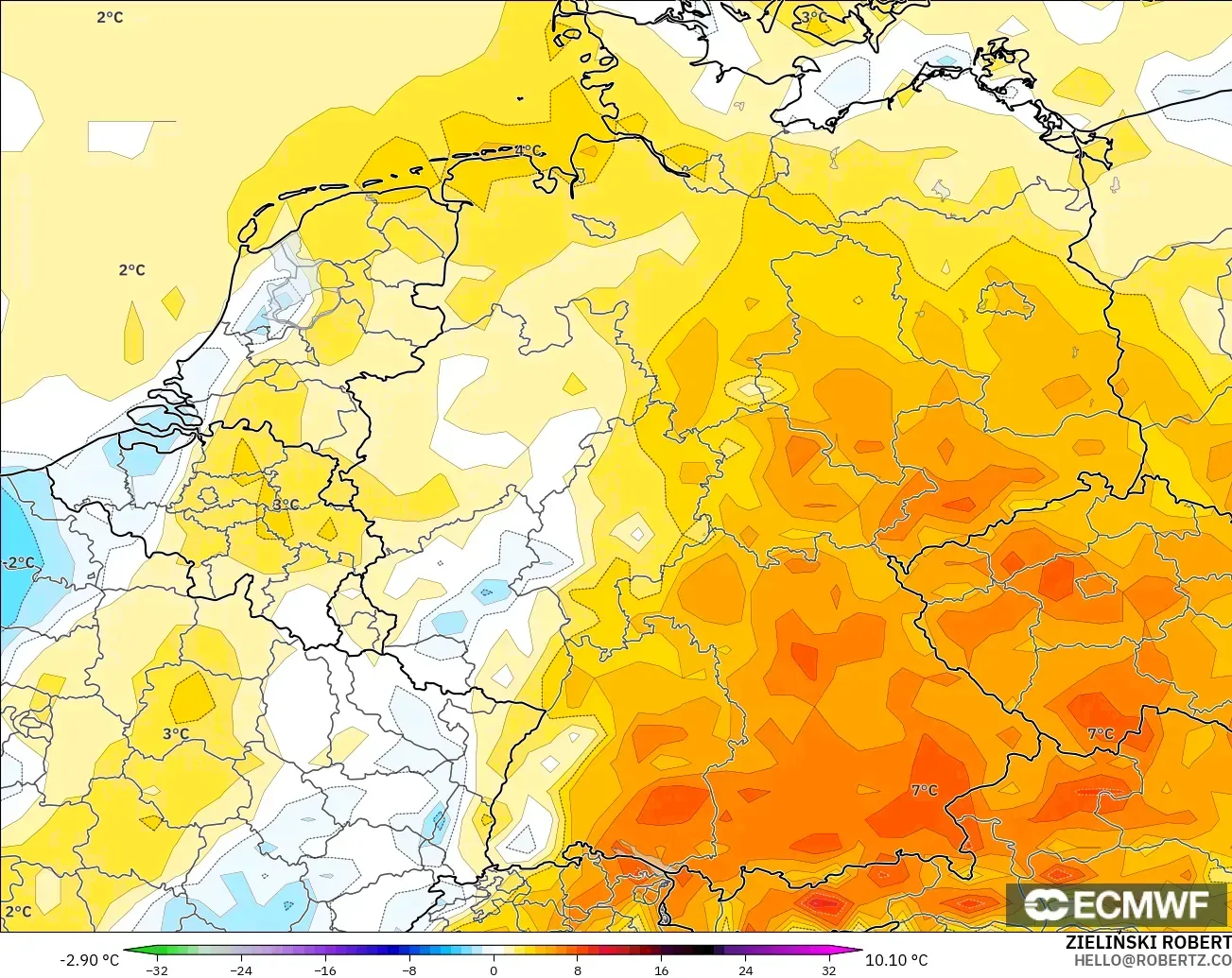 ECMWF IFS 0.25° modelo - Alemania, Anomalía de temperatura a 2 m