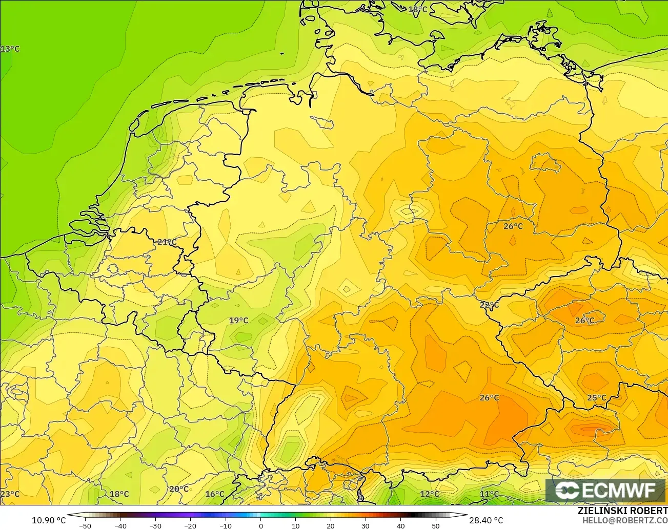 ECMWF IFS 0.25° modelo - Alemania, Temperatura a 2 m