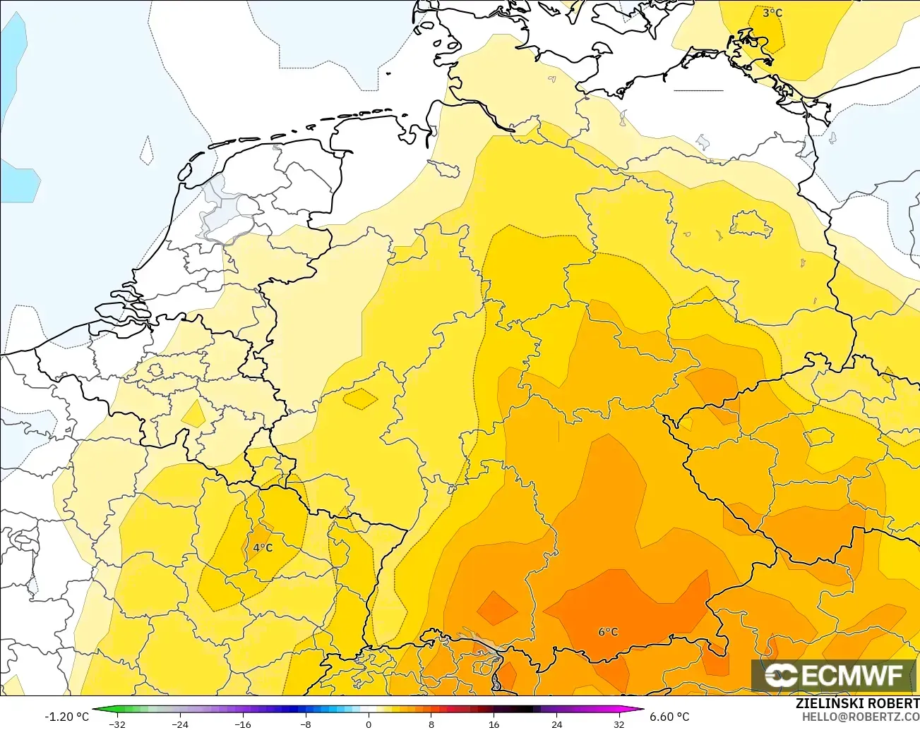 ECMWF IFS 0.25° modelo - Alemania, Anomalía de temperatura a 850 hPa