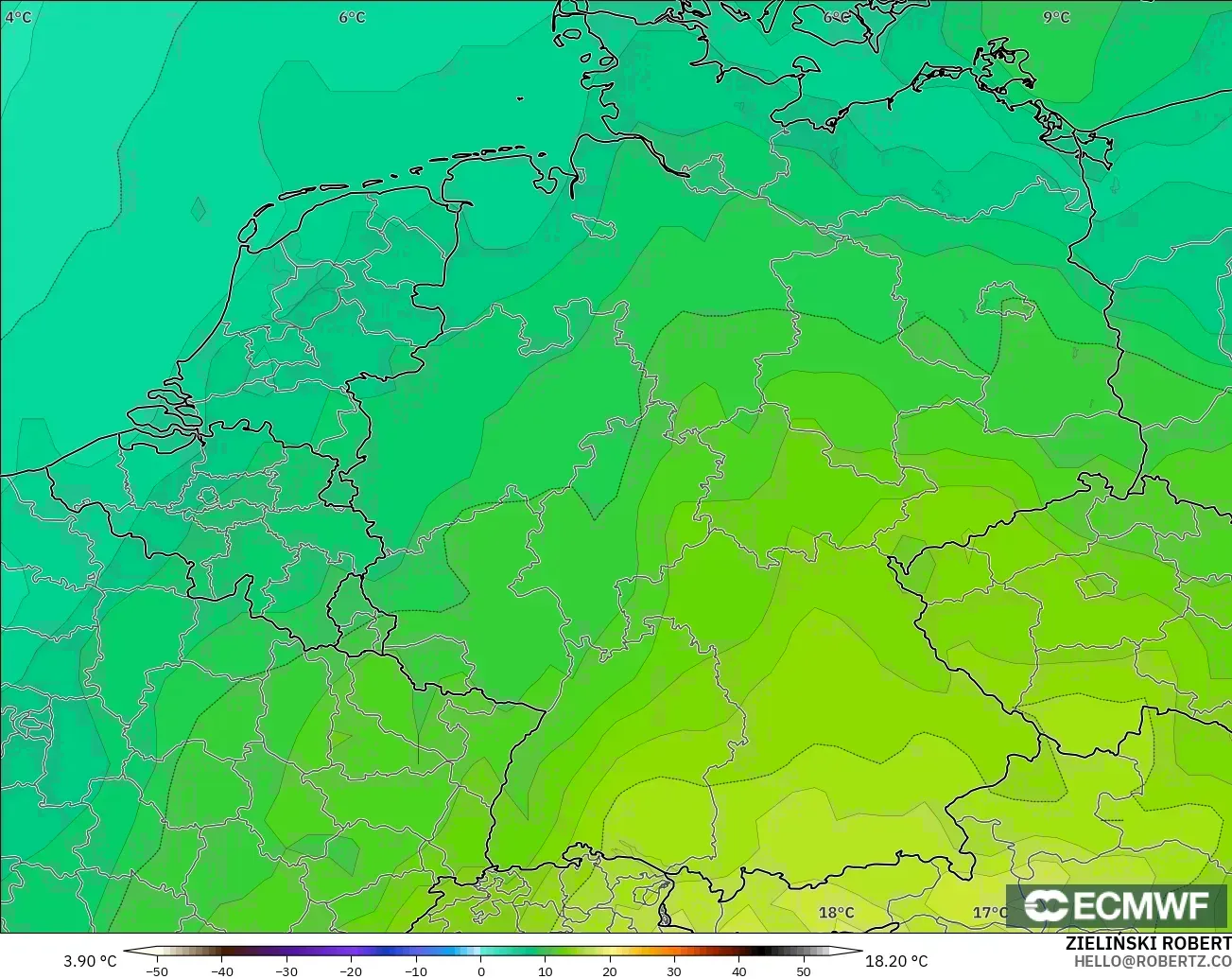 ECMWF IFS 0.25° modelo - Alemania, Temperatura a 850 hPa