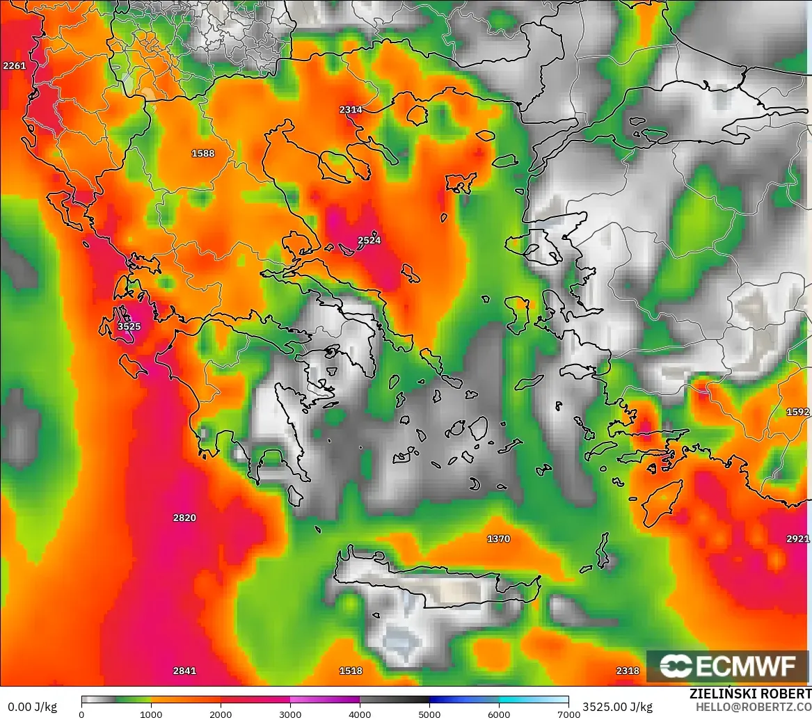 ECMWF IFS 0.25° modelo - Grecia, CAPE