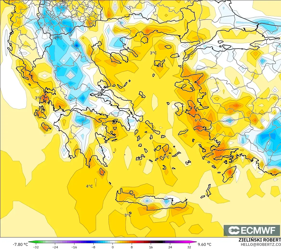 ECMWF IFS 0.25° modelo - Grecia, Anomalía de temperatura a 2 m