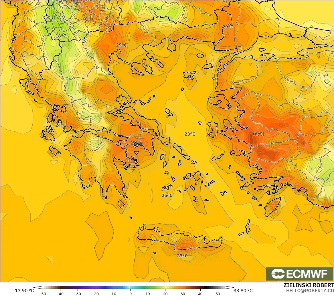 ECMWF IFS 0.25° modelo - Grecia, Temperatura a 2 m