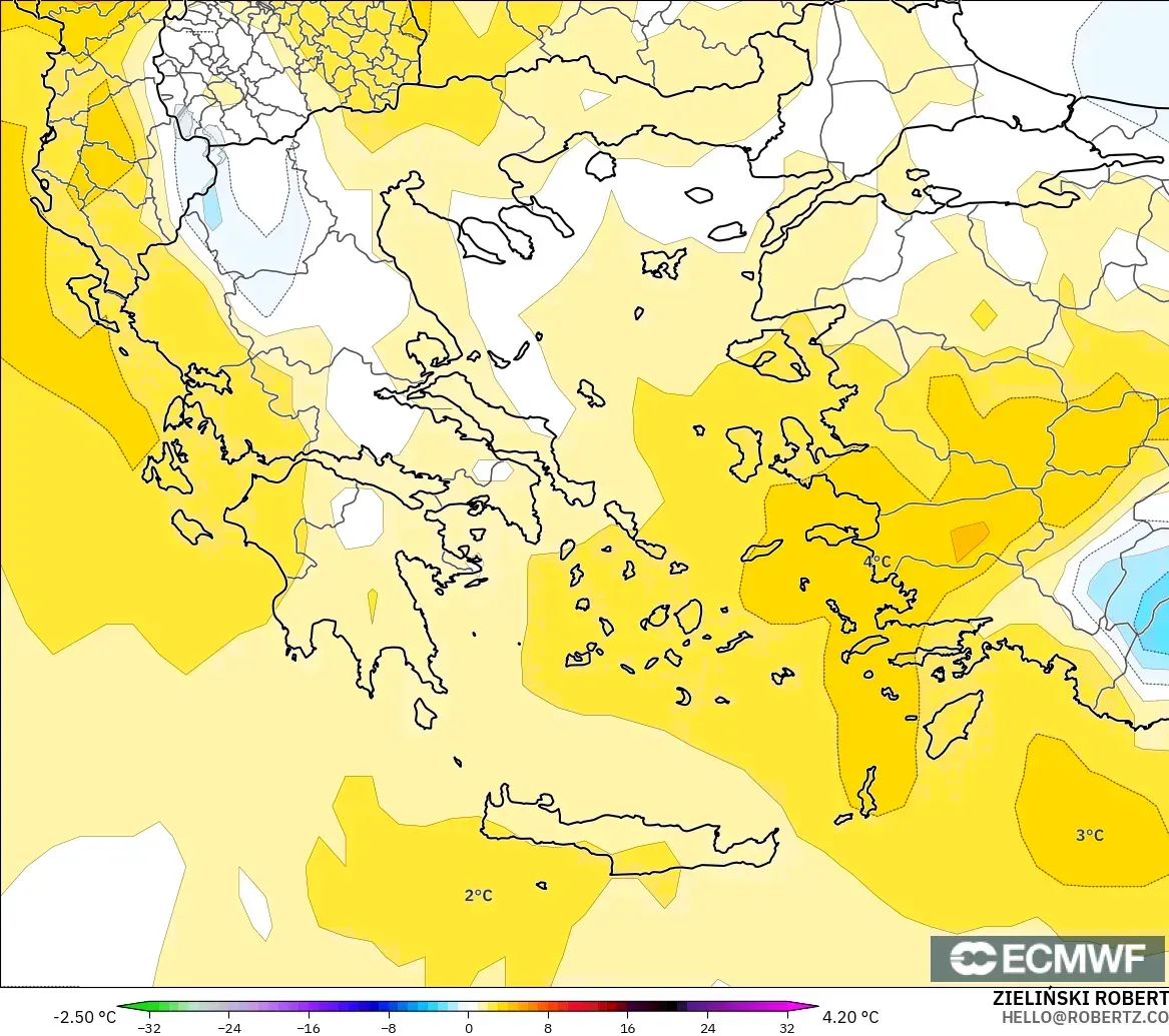 ECMWF IFS 0.25° modelo - Grecia, Anomalía de temperatura a 850 hPa