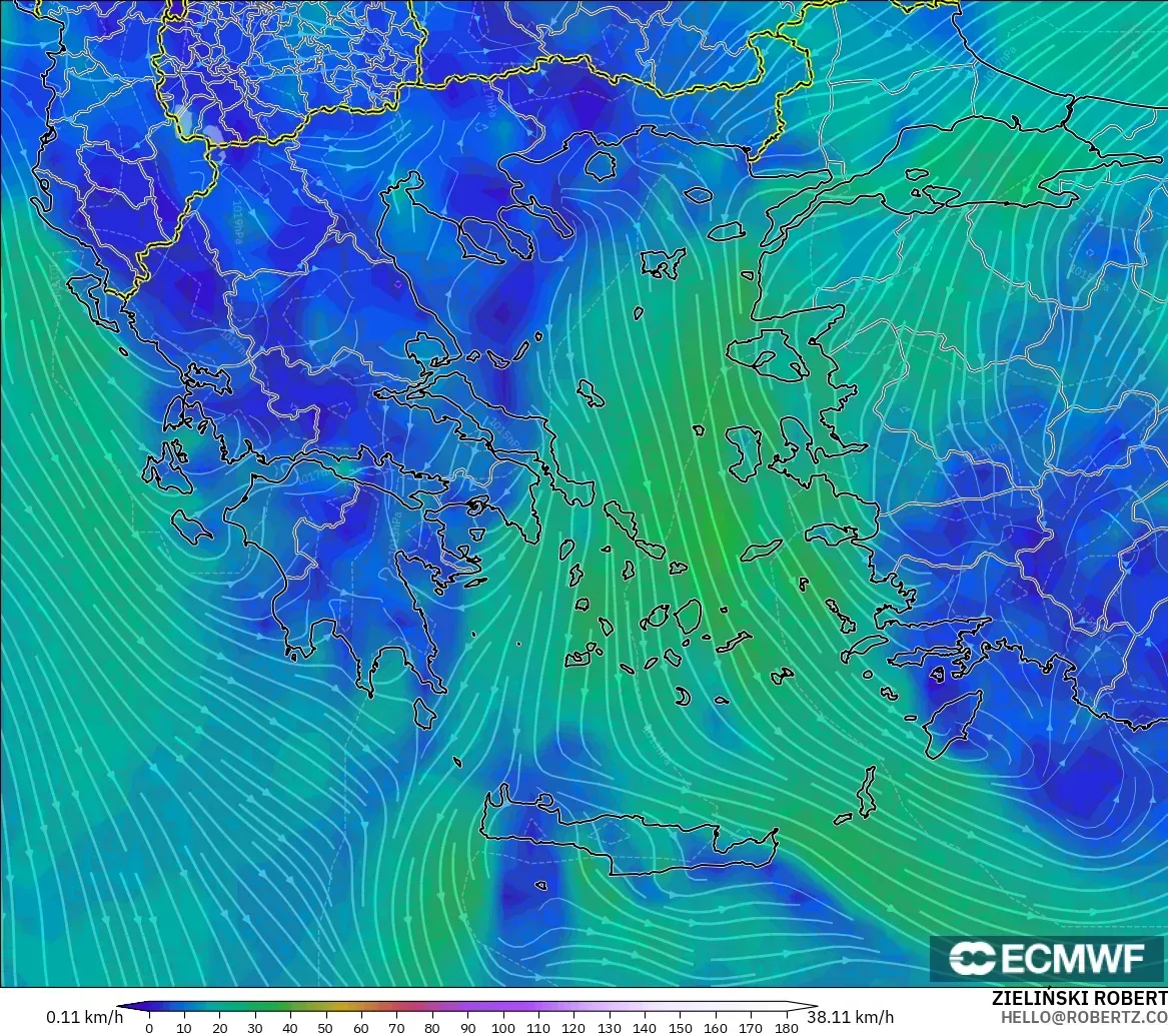ECMWF IFS 0.25° modelo - Grecia, Viento a 10 m