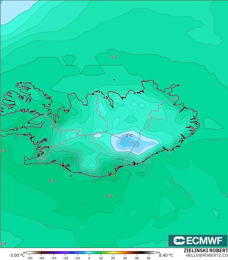 ECMWF IFS 0.25° modelo - Islandia, Punto de rocío a 2 m