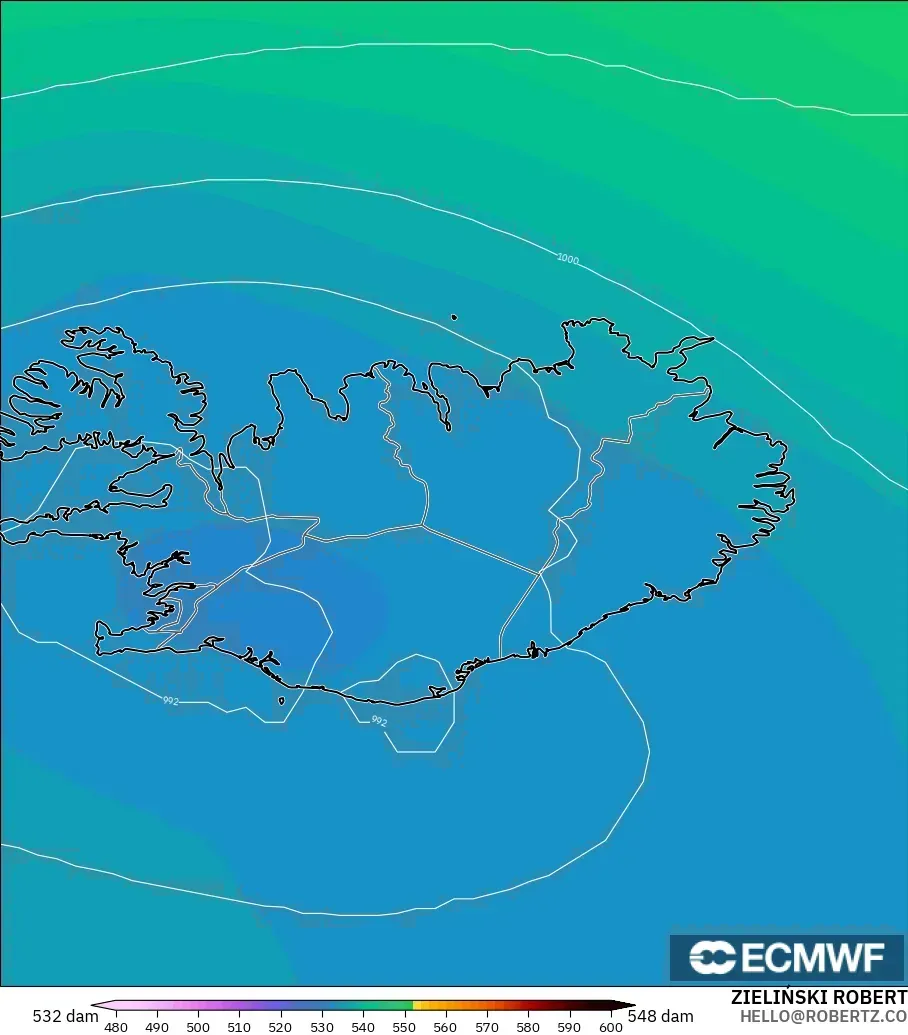 ECMWF IFS 0.25° modelo - Islandia, Altura geopotencial a 500 hPa