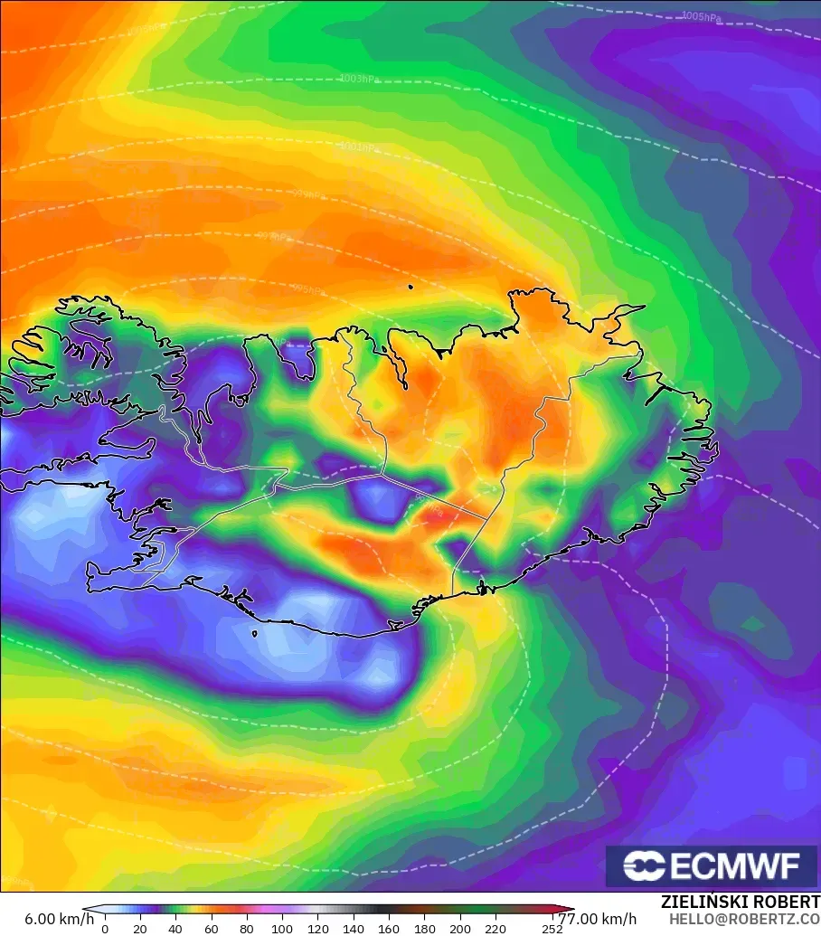 ECMWF IFS 0.25° modelo - Islandia, Ráfagas de viento