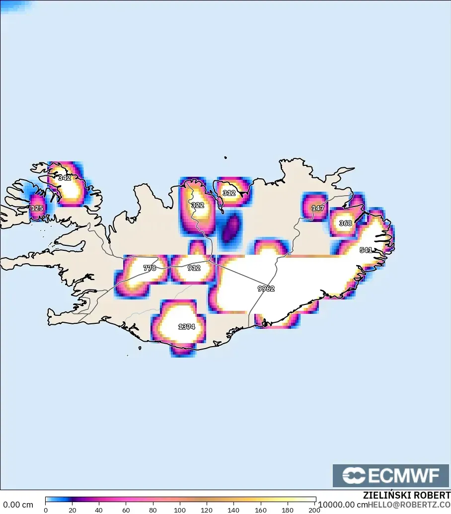 ECMWF IFS 0.25° modelo - Islandia, Profundidad de nieve