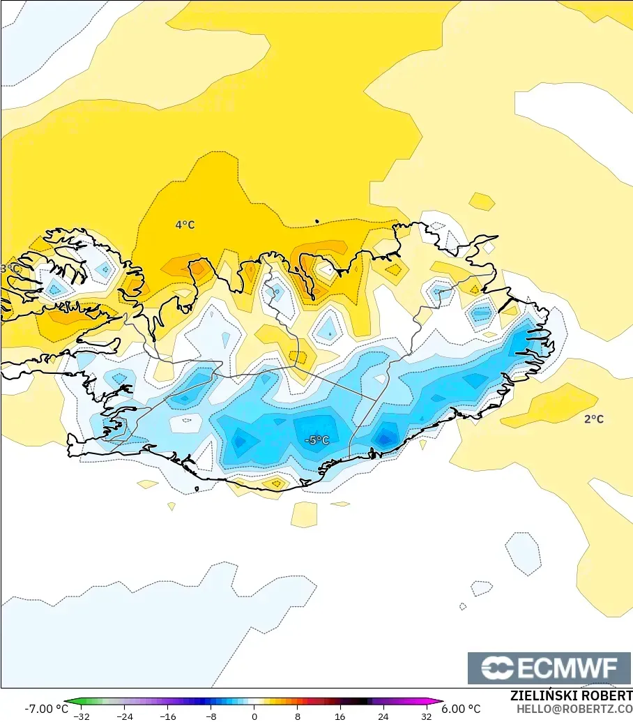 ECMWF IFS 0.25° modelo - Islandia, Anomalía de temperatura a 2 m