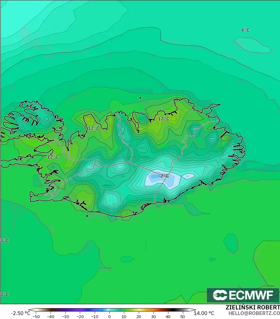 ECMWF IFS 0.25° modelo - Islandia, Temperatura a 2 m
