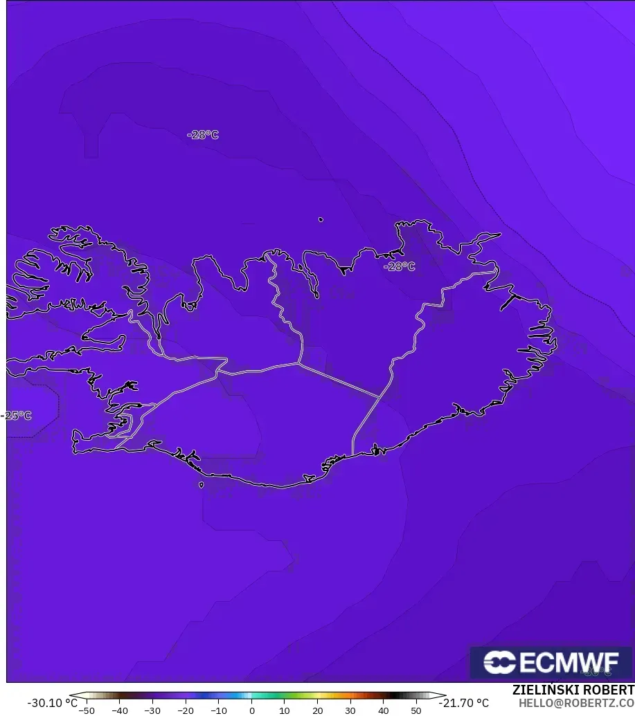 ECMWF IFS 0.25° modelo - Islandia, Temperatura a 500 hPa
