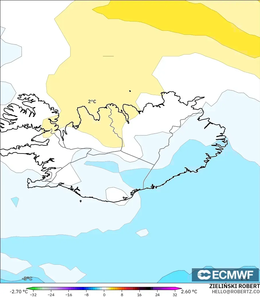 ECMWF IFS 0.25° modelo - Islandia, Anomalía de temperatura a 850 hPa
