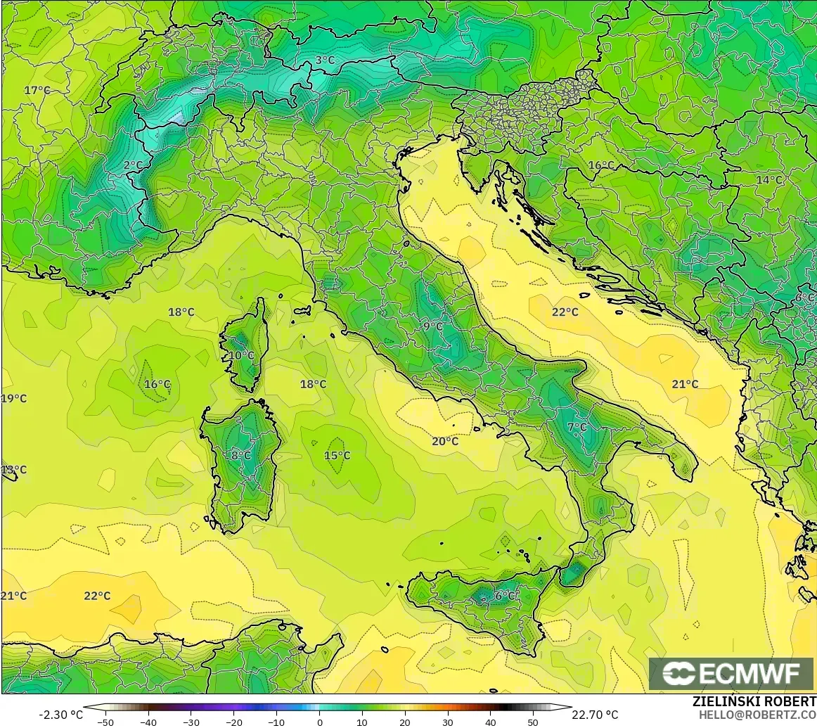 ECMWF IFS 0.25° modelo - Italia, Punto de rocío a 2 m