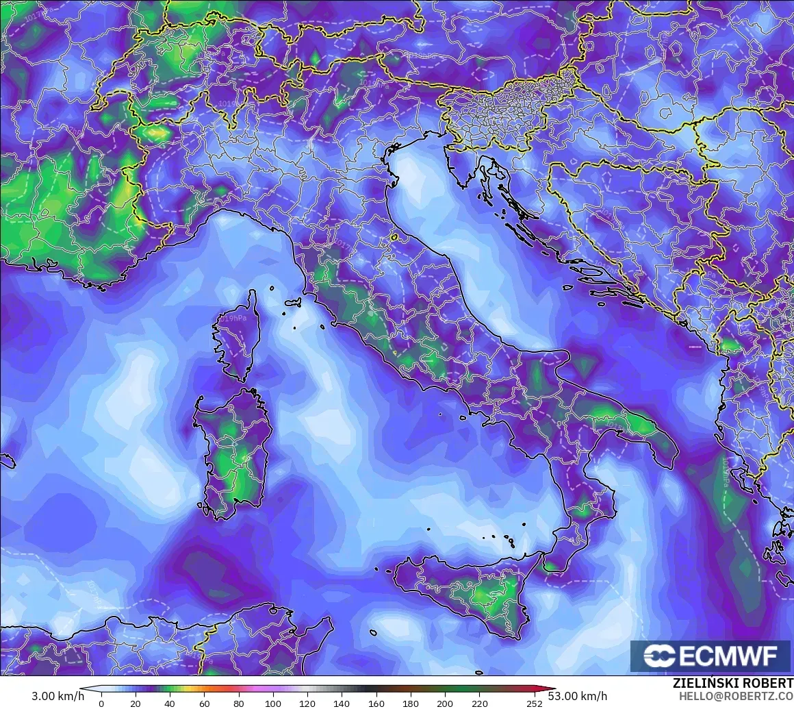 ECMWF IFS 0.25° modelo - Italia, Ráfagas de viento