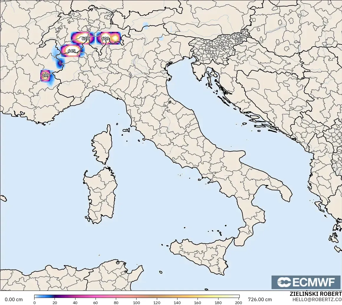 ECMWF IFS 0.25° modelo - Italia, Profundidad de nieve