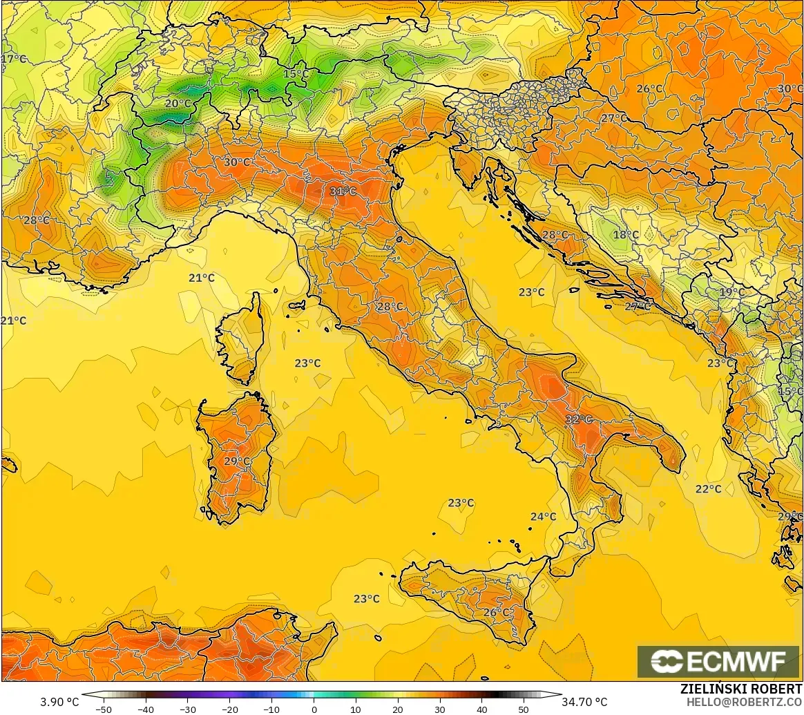 ECMWF IFS 0.25° modelo - Italia, Temperatura a 2 m