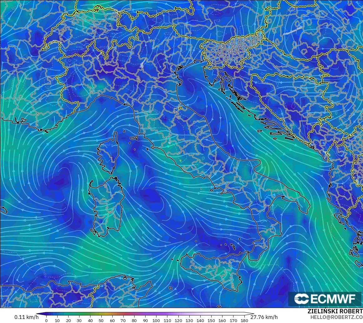 ECMWF IFS 0.25° modelo - Italia, Viento a 10 m