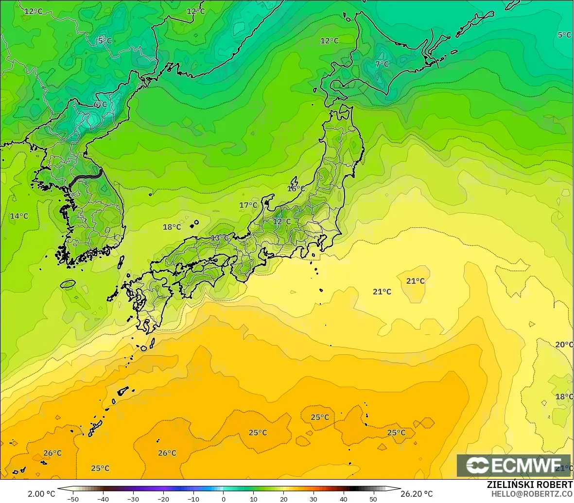 ECMWF IFS 0.25° modelo - Japón, Punto de rocío a 2 m