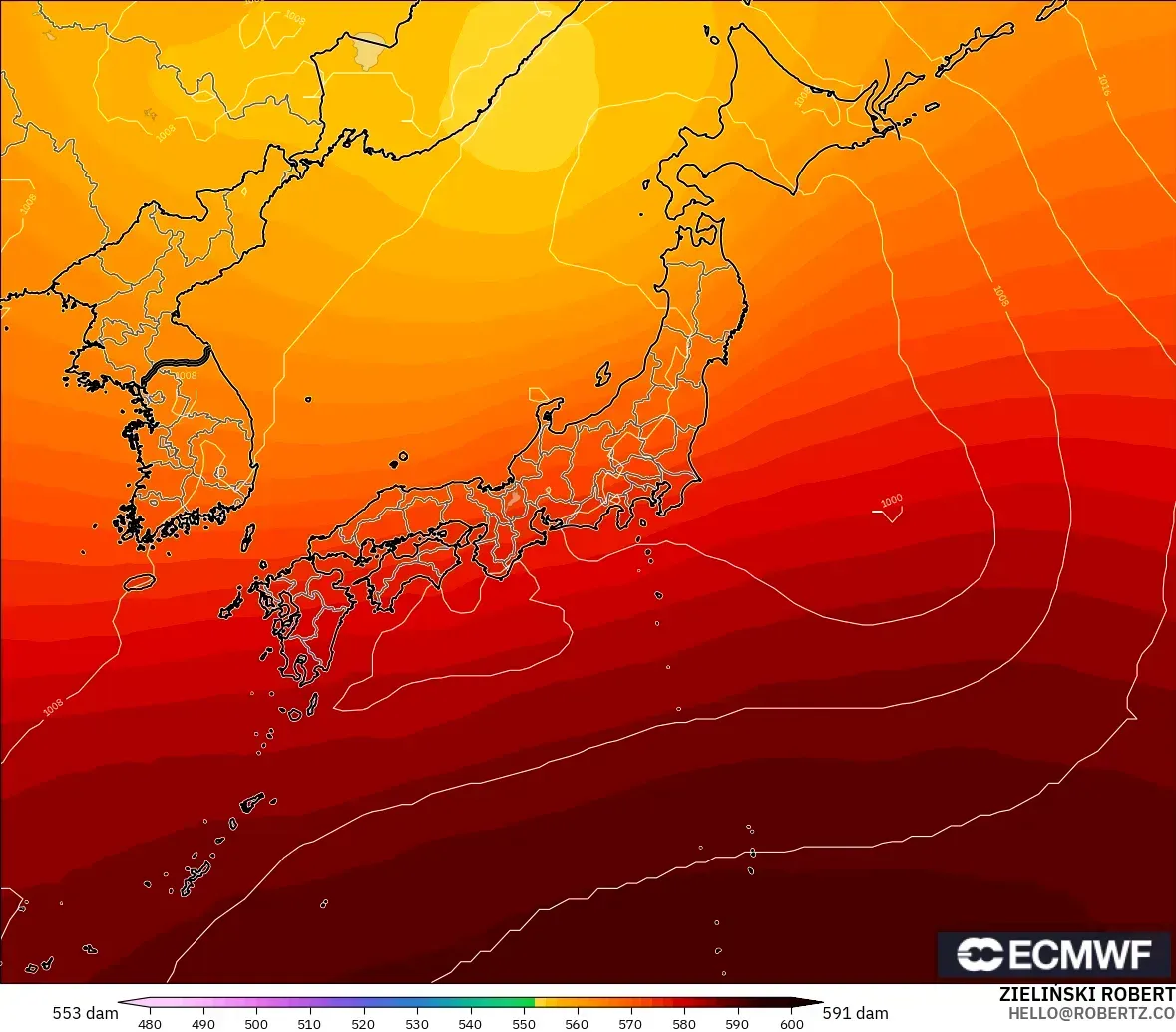 ECMWF IFS 0.25° modelo - Japón, Altura geopotencial a 500 hPa