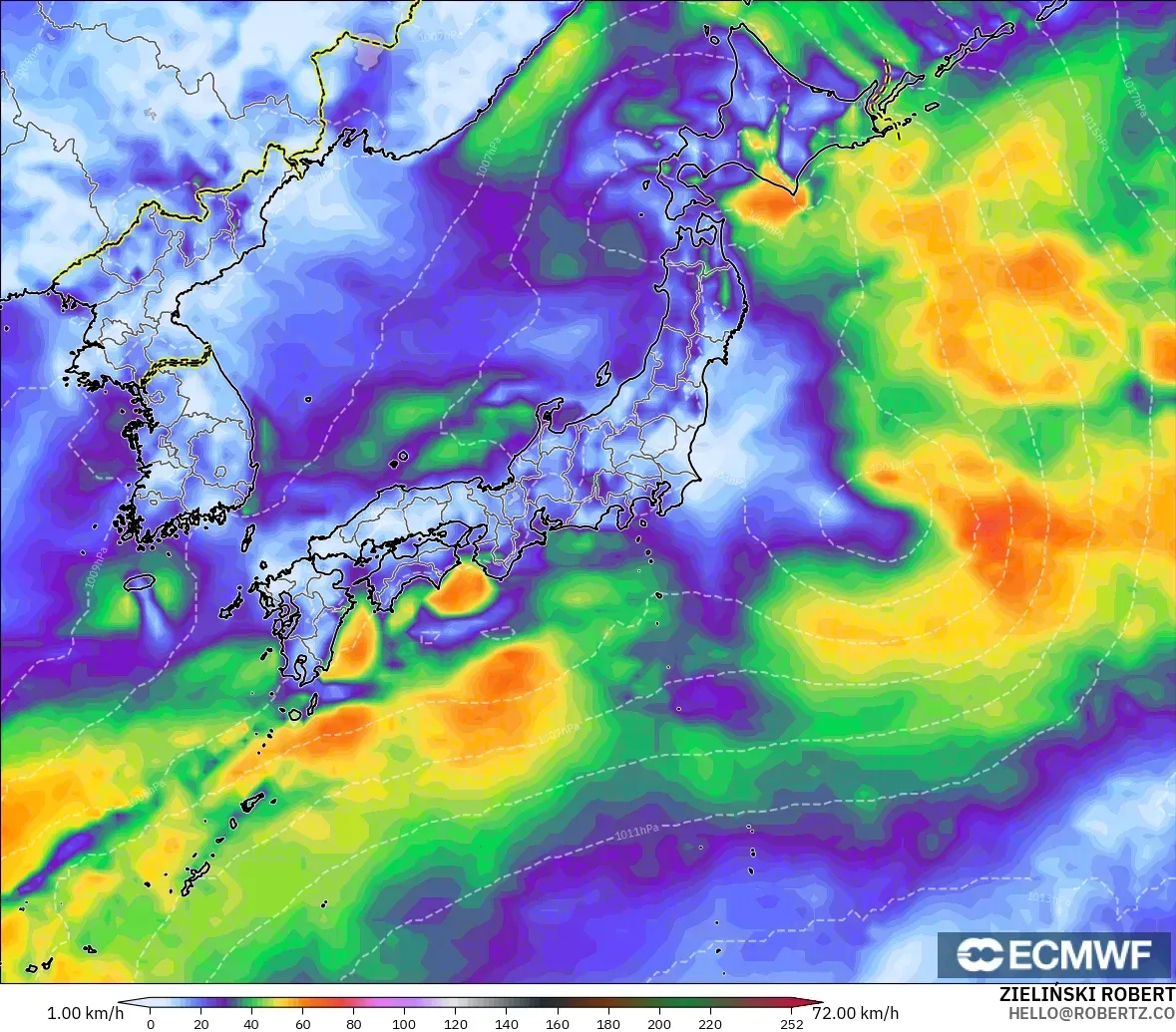 ECMWF IFS 0.25° modelo - Japón, Ráfagas de Viento Máximas