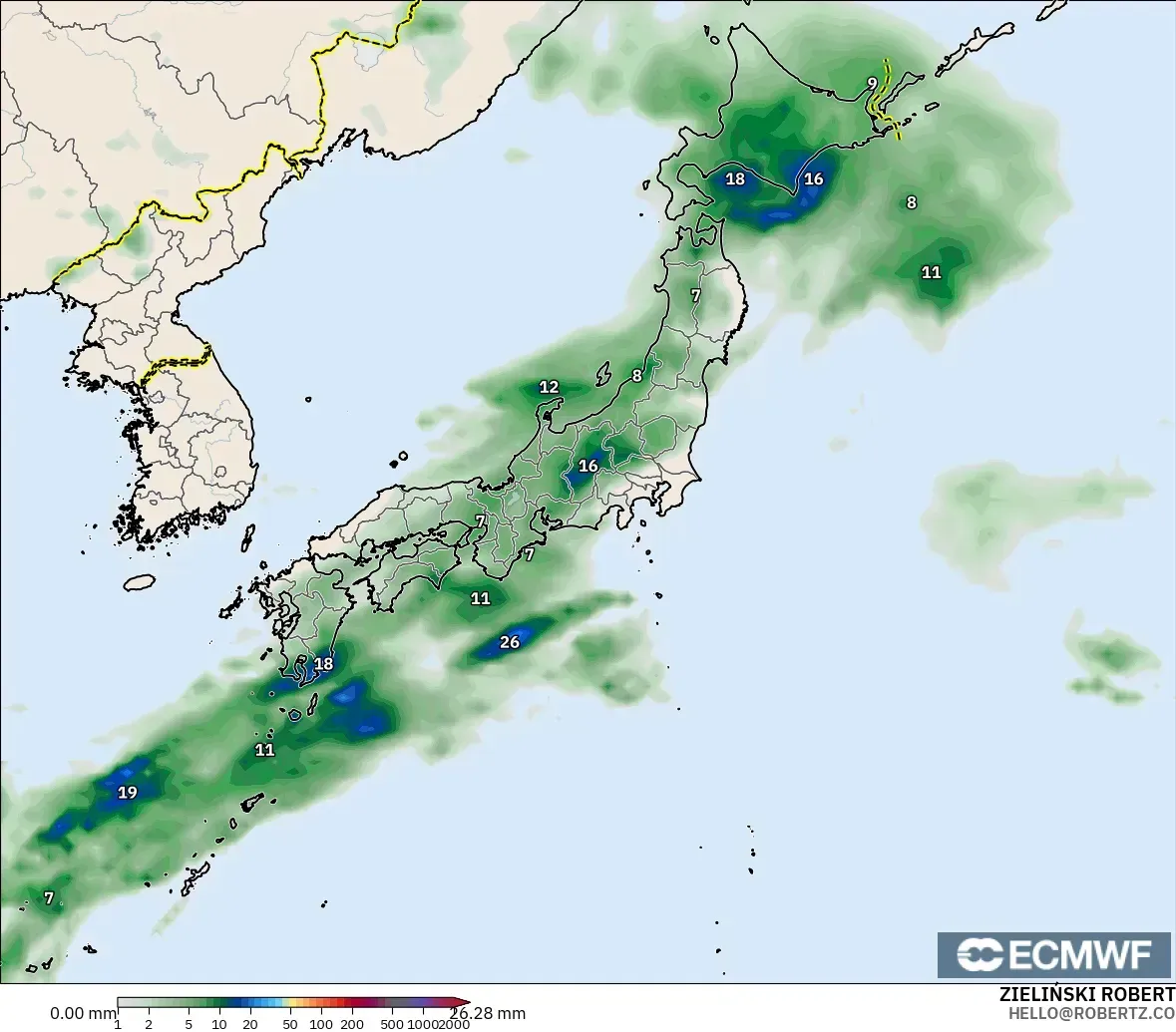 ECMWF IFS 0.25° modelo - Japón, Acumulación de precipitación
