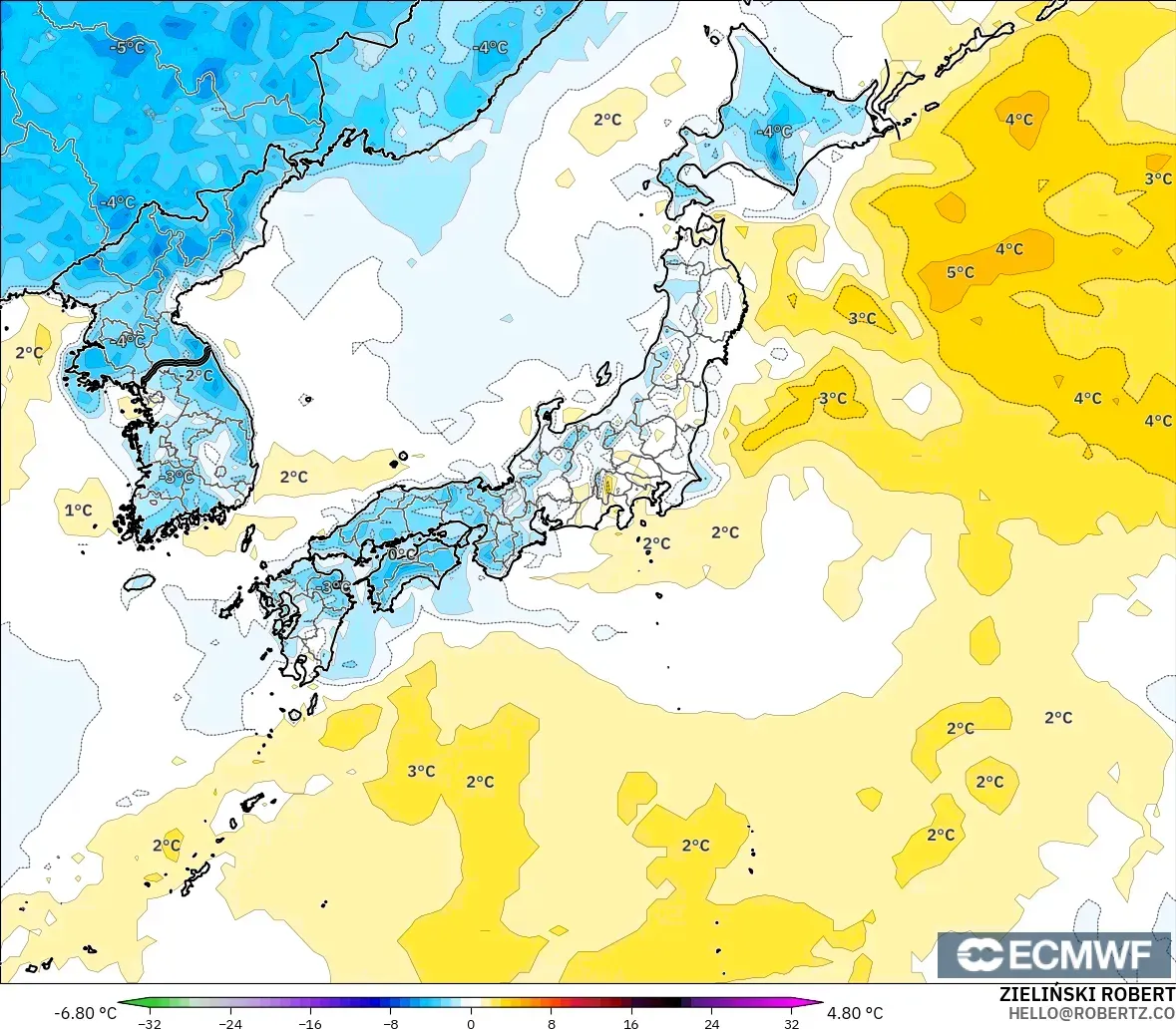 ECMWF IFS 0.25° modelo - Japón, Anomalía de temperatura a 2 m