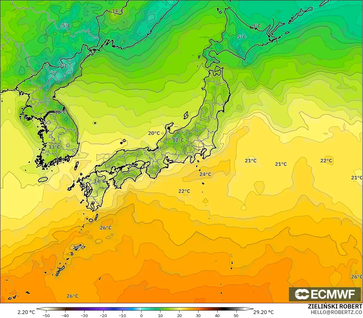 ECMWF IFS 0.25° modelo - Japón, Temperatura a 2 m