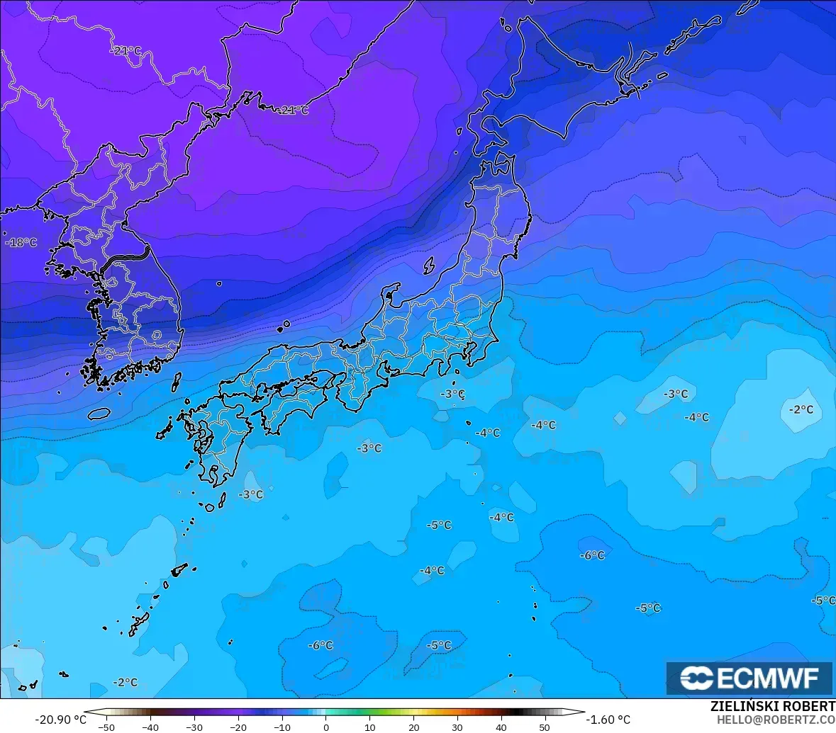 ECMWF IFS 0.25° modelo - Japón, Temperatura a 500 hPa