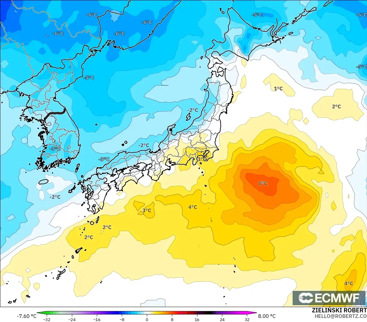 ECMWF IFS 0.25° modelo - Japón, Anomalía de temperatura a 850 hPa