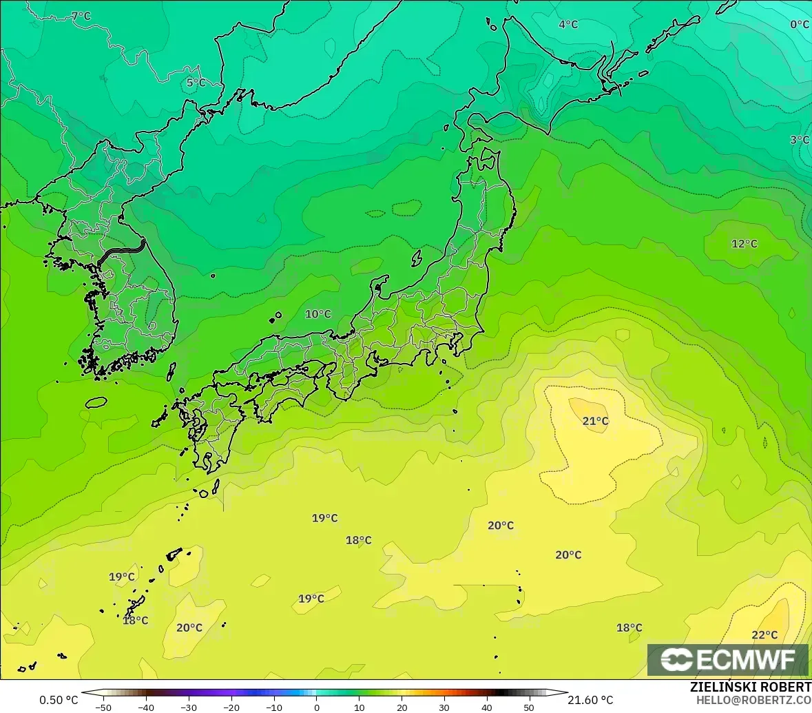 ECMWF IFS 0.25° modelo - Japón, Temperatura a 850 hPa