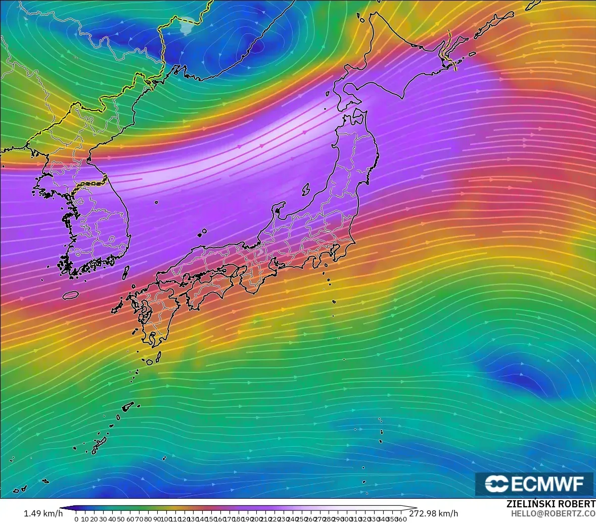 ECMWF IFS 0.25° modelo - Japón, Viento a 300 hPa (corriente en chorro)