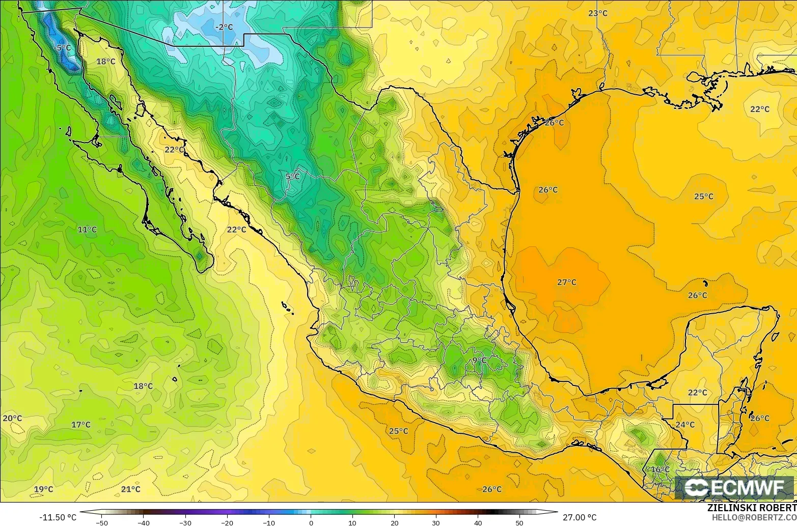 ECMWF IFS 0.25° modelo - México, Punto de rocío a 2 m